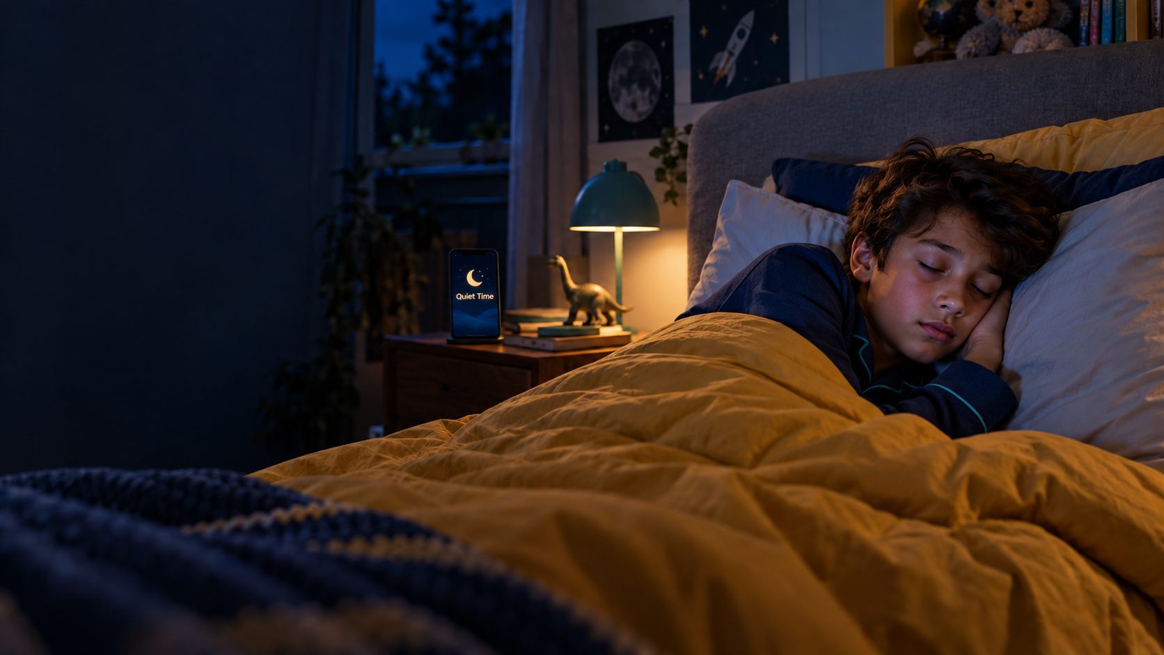 A boy asleep in bed, his phone on the nightstand showing Quiet Time