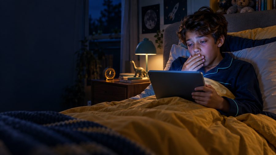 A boy up late in bed, yawning at a tablet