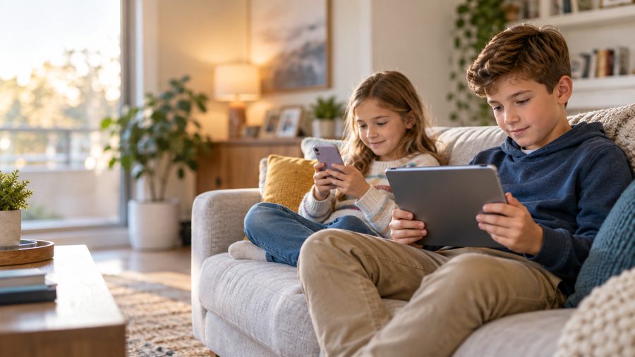A boy browses on a tablet and his sister on a phone, on a sunny living-room couch