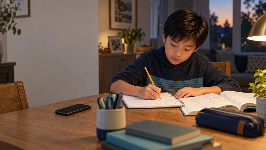 A boy does his homework at the dining table at dusk, his phone set aside