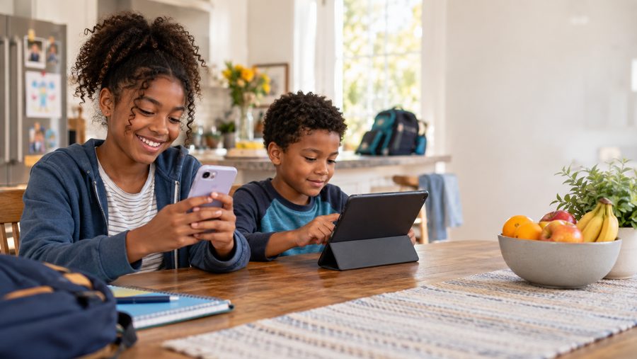 A girl smiles at her phone while her younger brother uses a tablet at the kitchen table