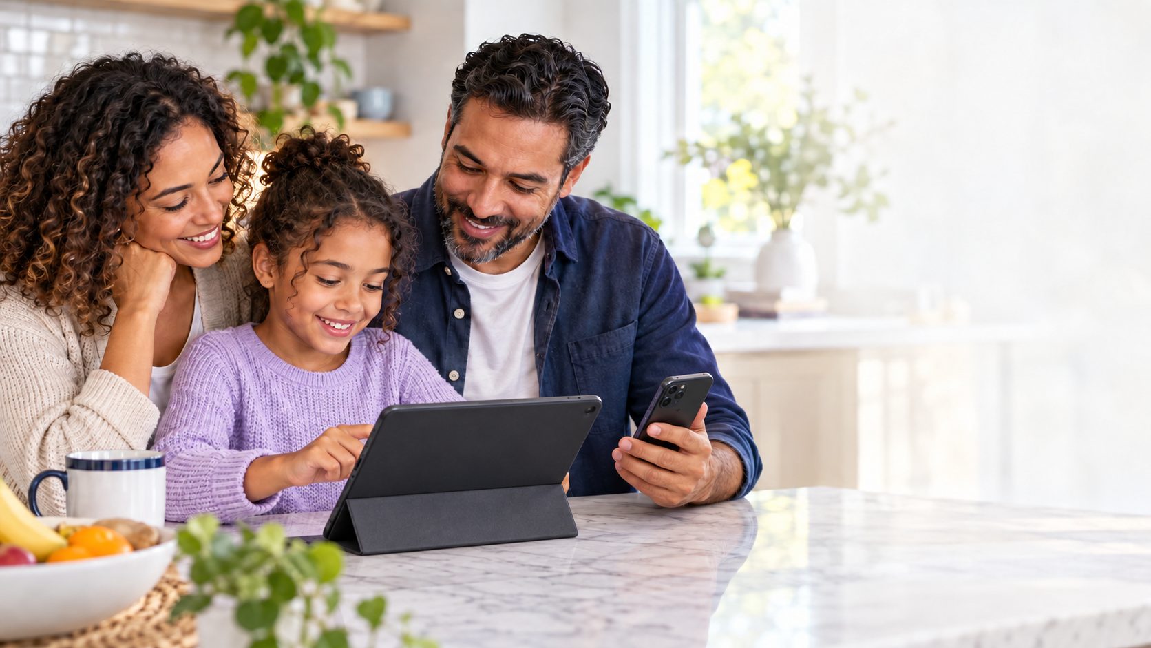 Parents and their daughter smile at a tablet together at the kitchen counter