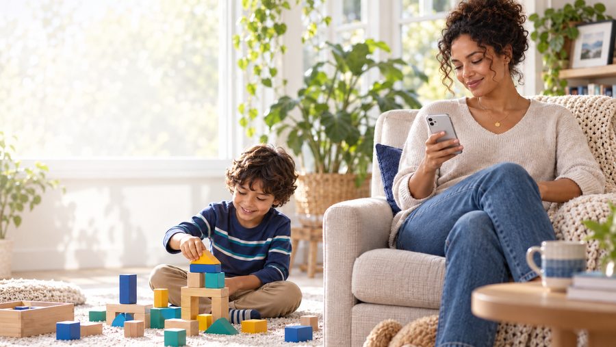 A boy builds with blocks on the living-room rug while his mother glances at her phone and smiles