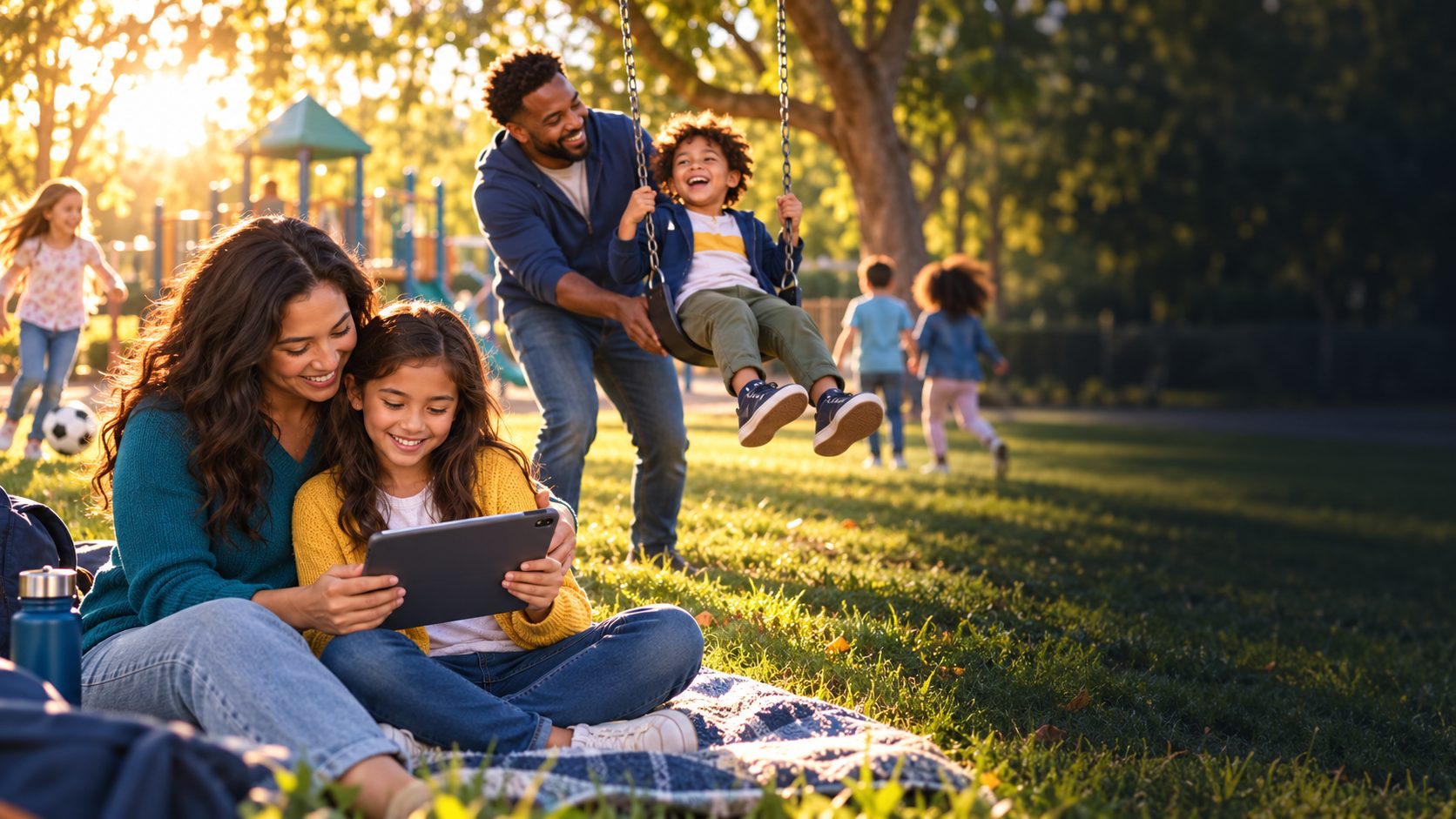 A mother and daughter share a tablet on a picnic blanket while a dad pushes a laughing boy on a swing