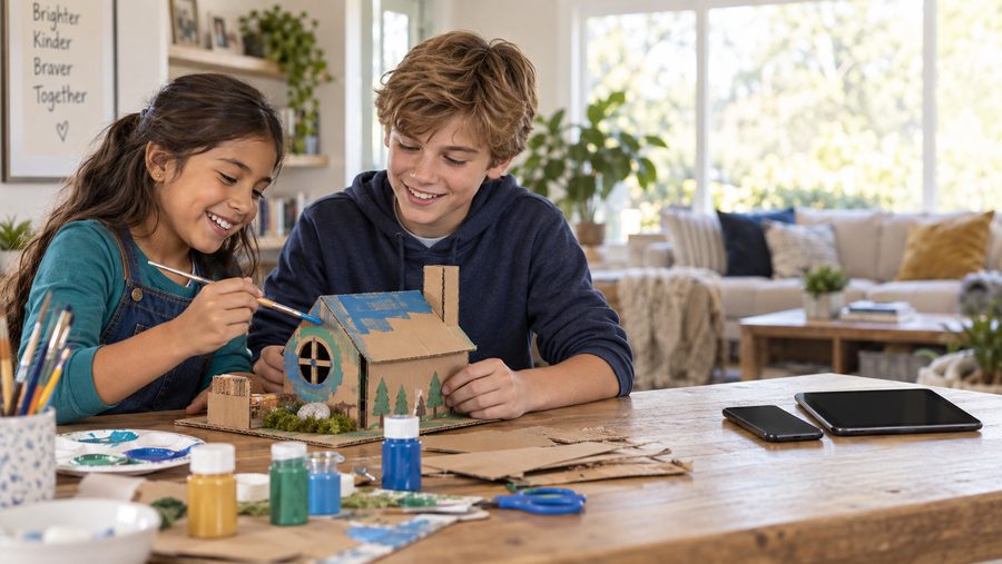 A brother and sister build and paint a cardboard house, their phone and tablet set aside